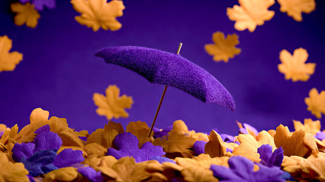 Herbstliche Fantasielandschaft in weicher Woll- und Filzoptik mit bunten B&auml;umen, Bergen, Seen und fallenden Bl&auml;ttern in kr&auml;ftigen Violett-, Orange- und Blaut&ouml;nen.