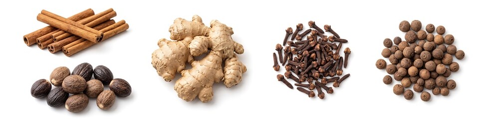Fototapeta premium Various spices associated with autumn are presented on a white background. The spices include cinnamon sticks, ginger roots, nutmeg seeds, cloves, and allspice berries