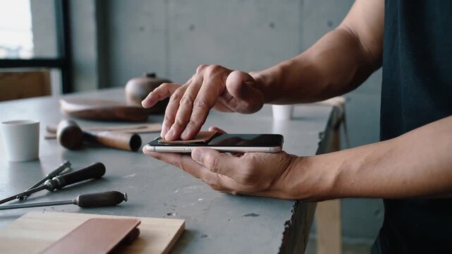 Man in short-sleeve shirt placing leather patch on phone at bench pressing and polishing to finish