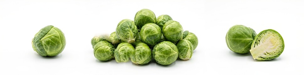 Fototapeta premium Brussels sprouts are arranged in a pile with a few cut in half. They represent autumn harvest foods popular for recipes. The white background highlights their green color