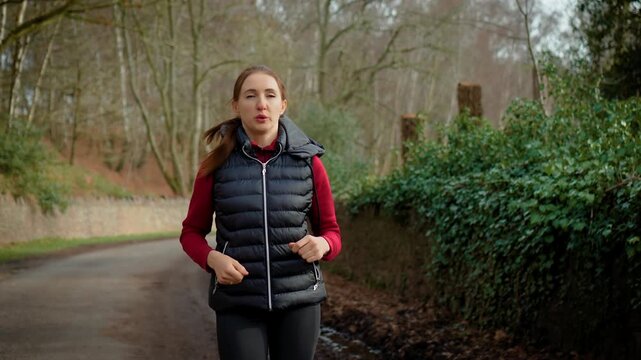 Energetic woman running on curved forest road in natural setting. Fatigued and determined runner perspiring after long distance training. Outdoor fitness activity enhancing stamina and healthy living
