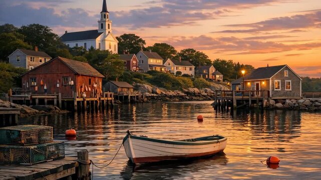 Scenic Coastal Village with Fishing Sheds and Rowing Boat at Sunset