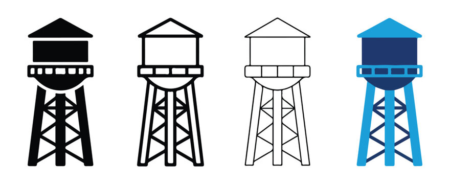 Water Tower Designs Illustrated with Simple Line Art and Color Variations Isolated on Transparent Background