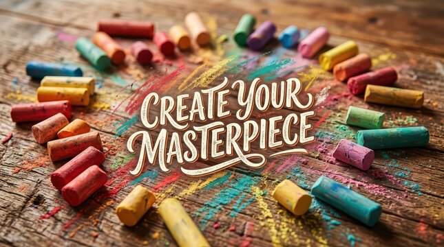 Create Your Masterpiece Inspirational Quote with Colorful Chalks on Rustic Wooden Background