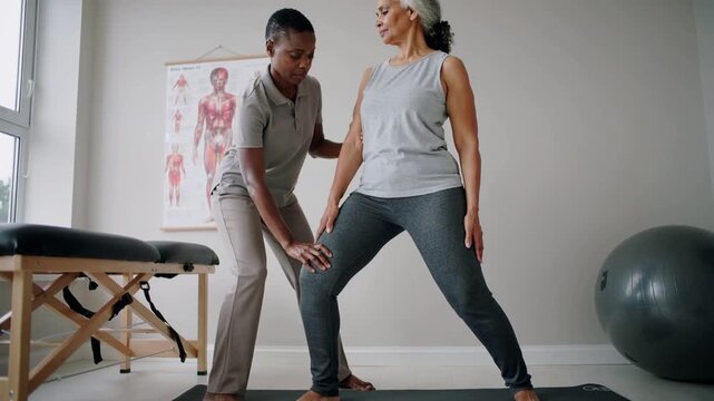 Guiding therapist placing hands on client in tank-top side lunging on mat in clinic, aligning knee