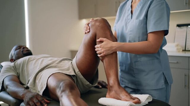 Placing towel under patient foot clinician in scrubs holding knee moving leg in clinic testing knee