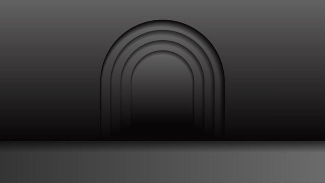 Black vector background with a single layered arch and subtle floor reflection, combining architectural geometry, depth and minimal elegance for posters, covers, branding and digital artwork.