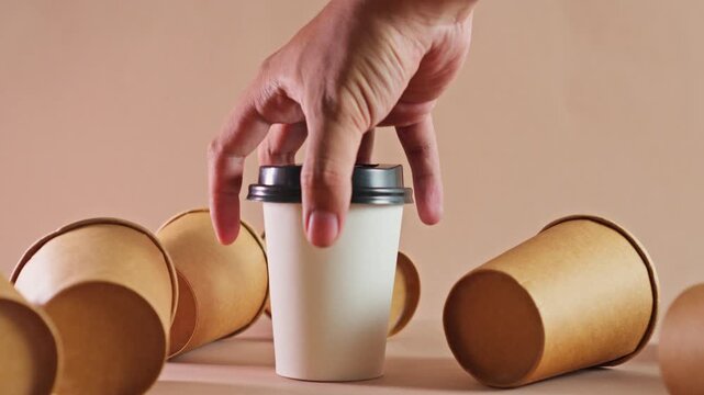 Hand places white paper coffee cup with a lid amid scattered kraft cups on beige background