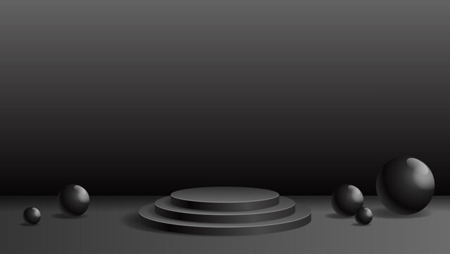 Dark cylindrical podium vector scene with black layered steps, small spheres and a deep gradient backdrop, creating a minimalist stage for luxury products, events, advertising and presentations.