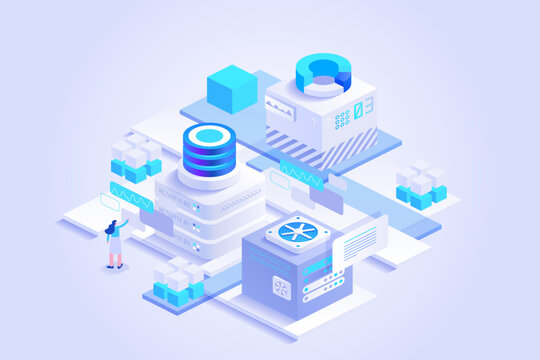 Isometric technology infrastructure with database cylinders, server boxes and users, showing cloud analytics, data exchange, platform control and automated service networks.