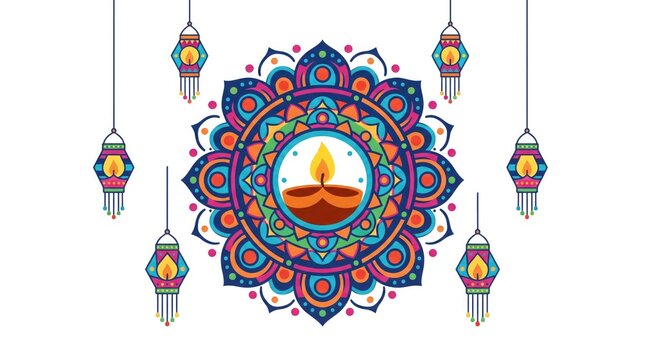 Ornamental Diwali mandala design with hanging oil lamps for festival background decorative vector illustration artwork