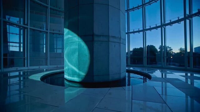 Projector activating, casting turquoise pattern sweeping across column in atrium
