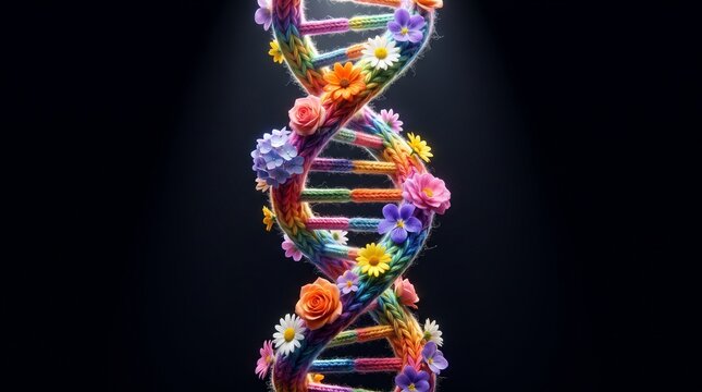 Single DNA double helix strand adorned with colorful blooming flowers isolated on a dark background genetics biotechnology evolution botanical chromosomes molecular