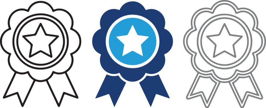 Award ribbon badge vector icon set, quality guarantee medal line art, winner star rosette symbol illustration for success transparent vector file