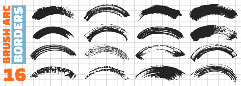 Brush arc borders. Rough curved strokes with grunge texture. Bold abstract paintbrush arches.