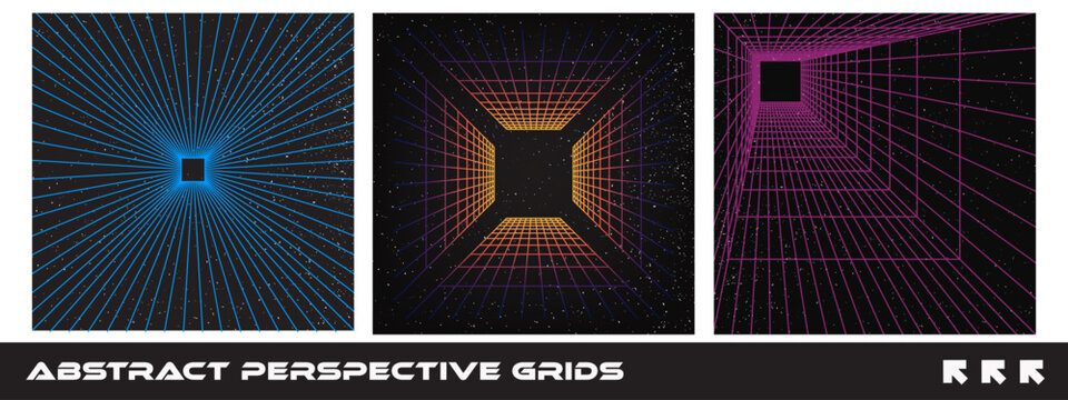 Futuristic 80s perspective grid floor background set. Neon wireframe box with particles. Retro digital box surface with glowing gradient lines on black starry background. Cyber technology template.