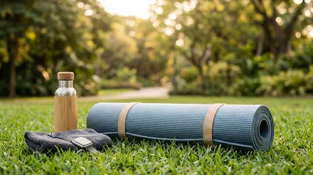 Rolled yoga mat and reusable water bottle on green grass in a park.