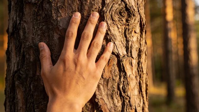 Approaching from left, hand pressing, exploring pine trunk bark in forest at dusk, feeling knot