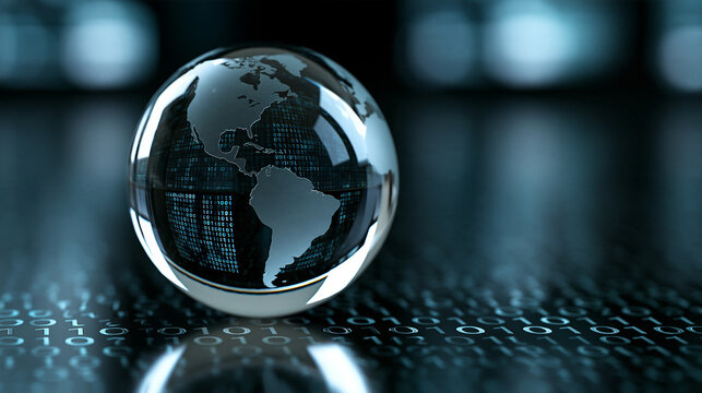 Glass globe with etched continents reflecting on binary code background in black and white, defocused global technology visualization, with copy space
