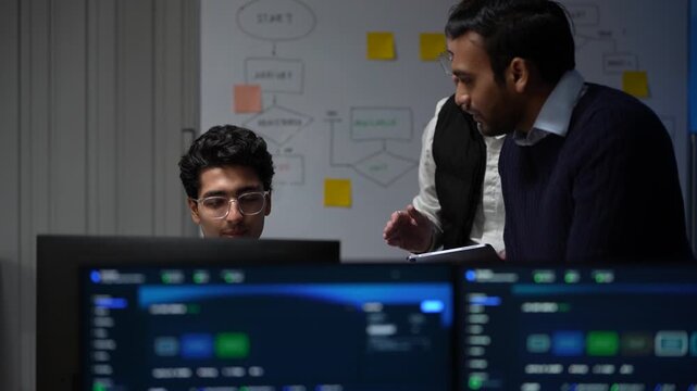 A team of three in a long working take move between the monitors and the flowchart wall as the problem takes shape inside a dimly lit machine learning startup office.