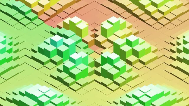 Abstract colorful isometric cubes wave loop background. Bright abstract 3D rendering of pulsing rainbow squares
