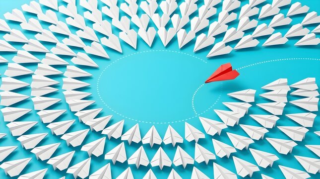 Single red paper airplane breaks away from the circle of many white airplanes against a bright vibrant blue background surface