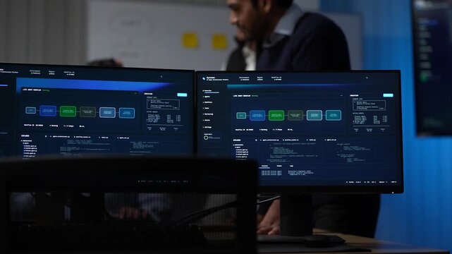 Monitors sharp against a blurred room hold the live workflow while two engineers keep talking somewhere behind them inside a dimly lit machine learning startup office.