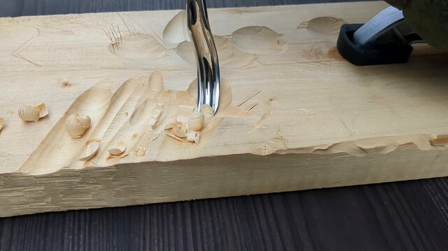 A gloved hand uses a curved metal chisel to carve intricate grooves into a flat wooden plank, creating small chips while shaping the material in a workshop environment with precision tools