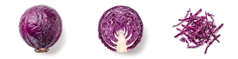 Fototapeta premium A whole red cabbage sits next to a sliced piece revealing the inner layers. Shredded red cabbage is placed on the other side. This is set against a plain white background indicating an autumn theme