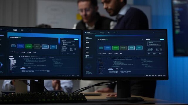 A workstation seen head on carries the agent pipeline across both displays above a backlit keyboard inside a dimly lit artificial intelligence startup office at night.