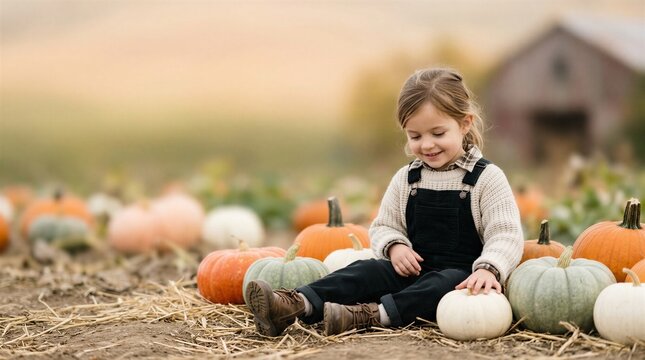 Young Girl Happily Exploring A Pumpkin Patch Surrounded By Colorful Pumpkins And Nature