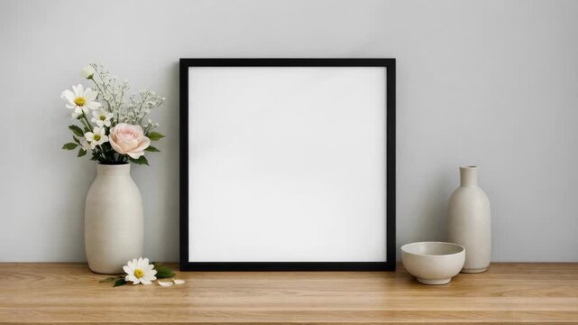 Blank white frame on a wooden shelf with flowers and pottery