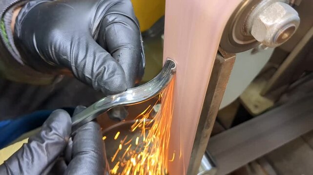 Industrial worker wearing protective black gloves operates a mechanical belt sander to grind and polish a metallic object, generating bright sparks during the manufacturing process