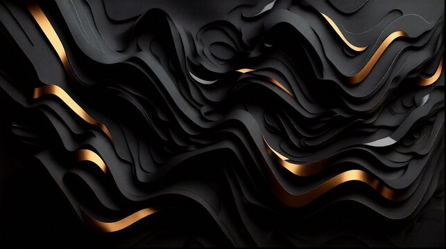 Elegant matte‑black and gold contours flow in layered waves, creating a refined, modern, and dynamic abstract composition.