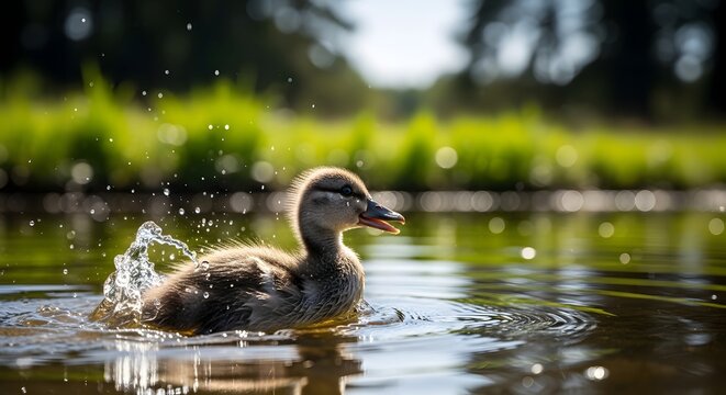 Duck swimming in a green pond with ripples