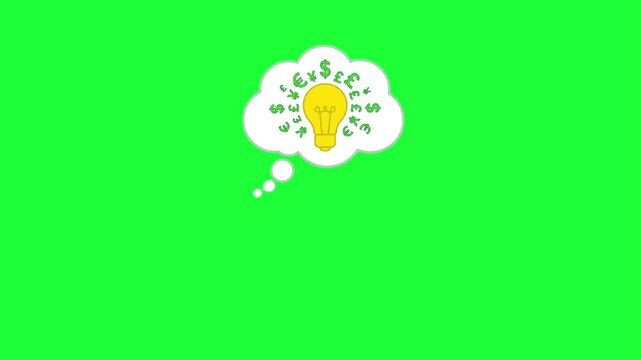 Animated light bulb idea with currency symbols in thought bubble on green screen background