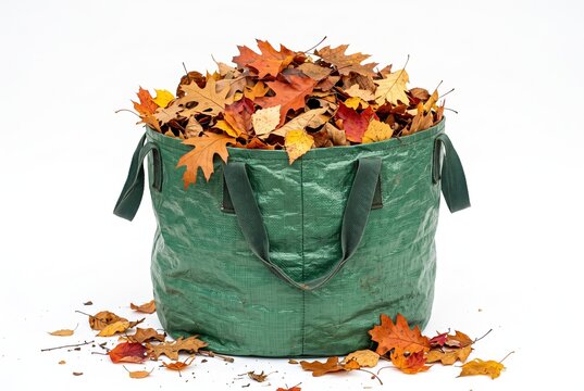 A green bag sits on a white background filled with colorful autumn leaves. The bag is full of red, orange, and yellow leaves ready for disposal. Some leaves are scattered around the bag