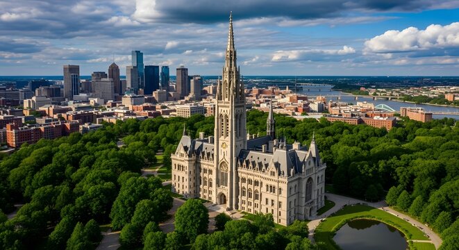 Gothic cathedral with tall spire in city skyline