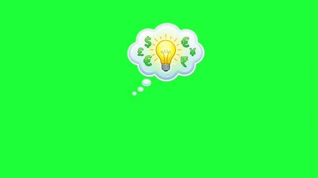 Bright lightbulb idea glowing within a thought bubble surrounded by global currency symbols