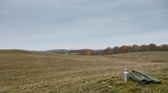 Tranquil Hillside With A Thermos And Jacket Set Against A Moody Sky In Autumn.