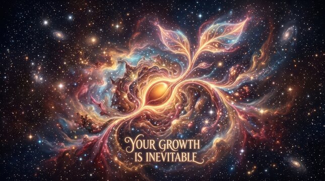 Cosmic Plant Growth Concept with Inspirational Quote Your Growth Is Inevitable in Deep Space