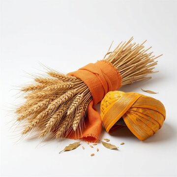 Bundle Of Wheat With Vibrant Orange Fabric And Decorative Accessories