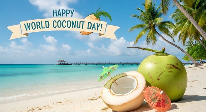 Happy world coconut day beach celebration with coconut