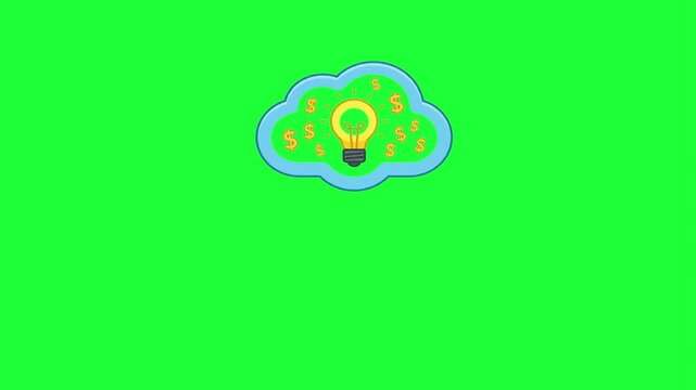 Bright lightbulb idea glowing within a cloud surrounded by falling dollar signs symbolizing