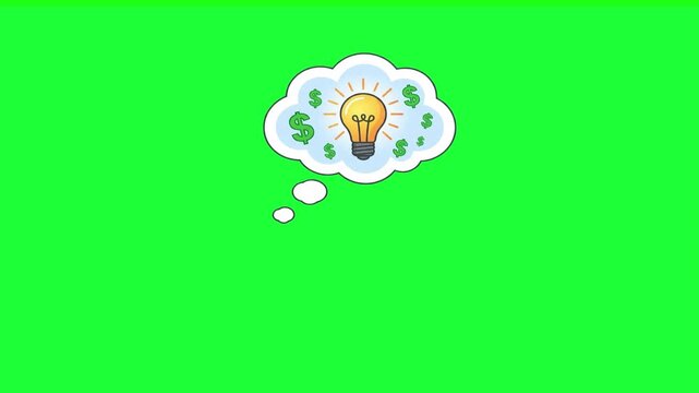Animated thought bubble with glowing light bulb and dollar signs symbolizing financial success