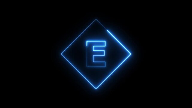 Neon letter e animation with glowing blue diamond frame on black background, alphabet typography
