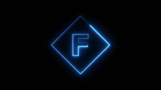 Glowing blue neon letter f inside diamond shape animation on black background, alphabet typography