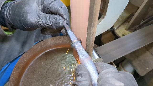 Industrial worker wearing protective black gloves operates a mechanical belt sander to grind and polish a metallic object, generating bright sparks during the manufacturing process