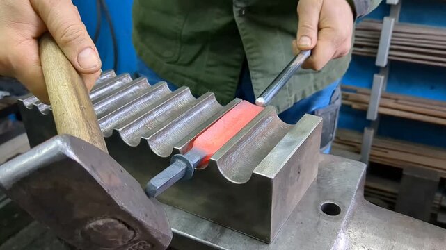 An experienced metalworker places a glowing hot iron rod into a grooved steel die block on a sturdy workshop anvil and strikes it with a hammer to shape the metal component through precision manual fo