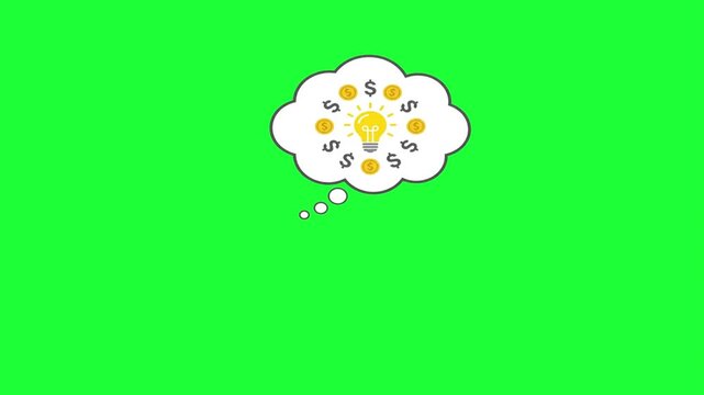 Animated thought bubble with glowing lightbulb and dollar coins symbolizing financial success and